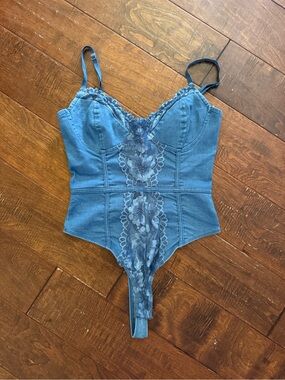 Women’s One-Piece Blue Lace-Trim Bodysuit